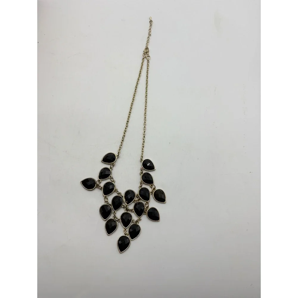 Black Teardrop‎ Bib Statement Necklace Gold Tone Tiered Faceted Stone